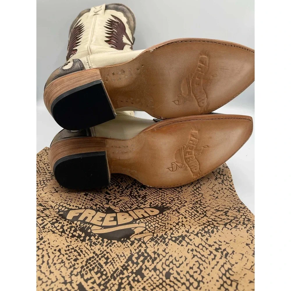 Freebird Willie Pewter Cognac Leather Western Eagle Inlay Tall Boots Womens 8